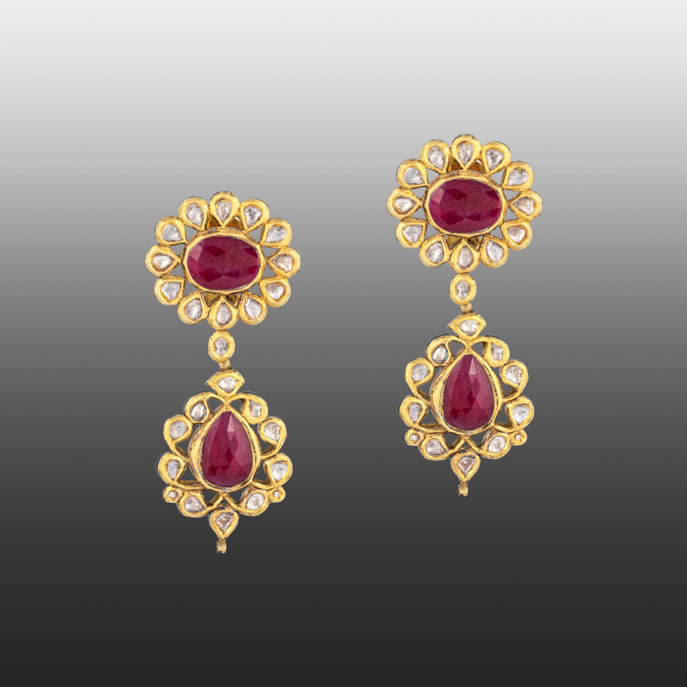 Floral Polki Earrings with Ruby Center & Teardrop Accents